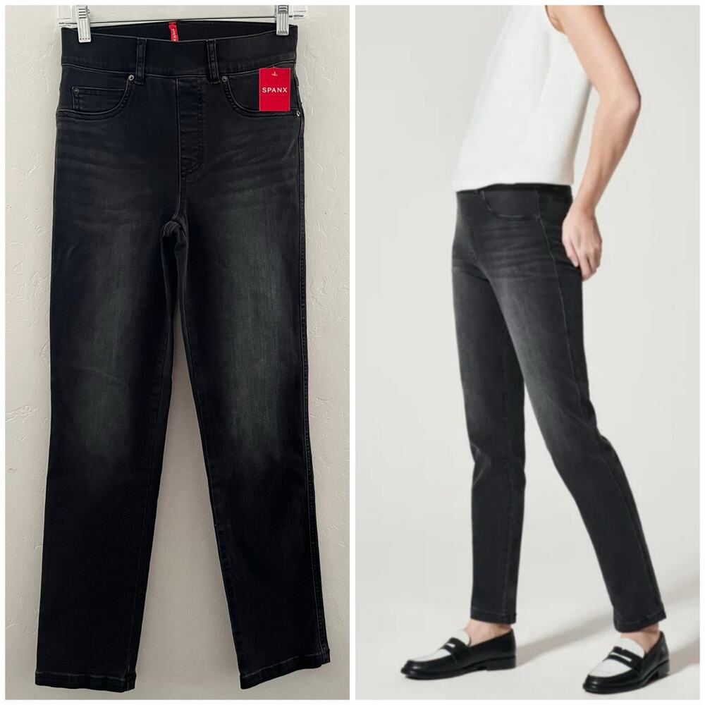 Spanx Straight Leg Jeans Women's XS in Vintage Black Pull-On Shaping Denim NEW